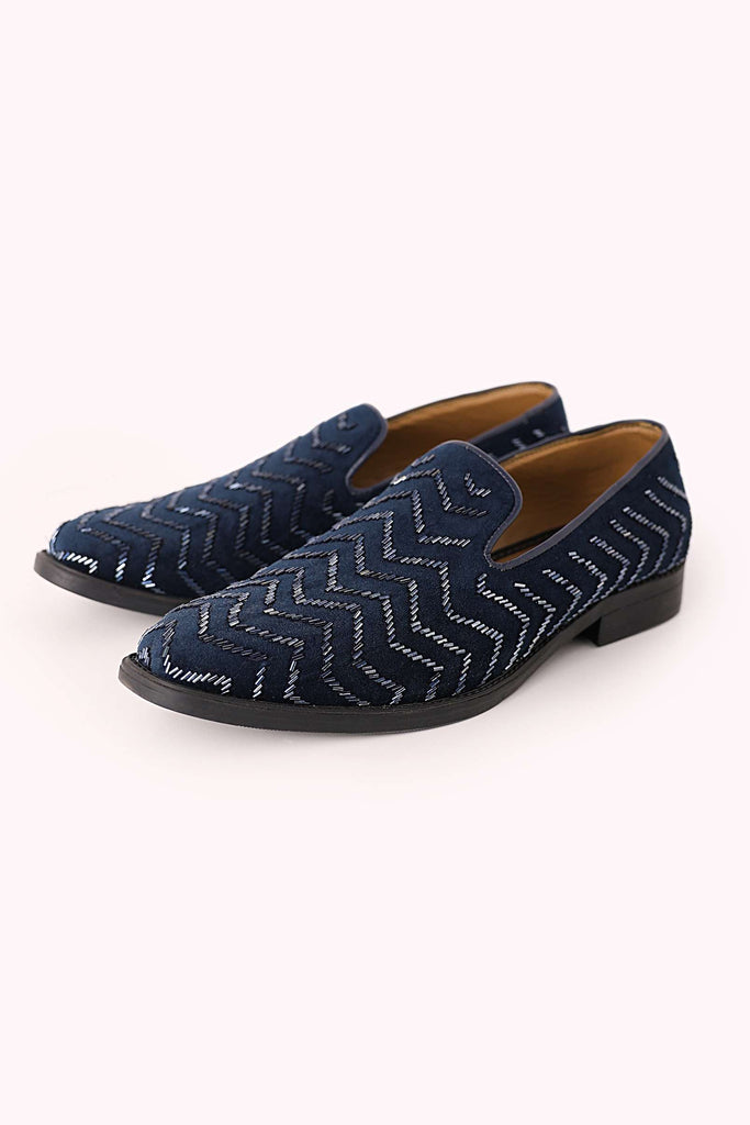 Blue Juttis In Velvet with Chevron Pattern