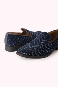 Blue Juttis In Velvet with Chevron Pattern