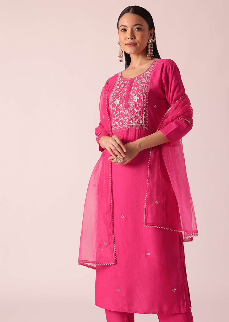 Pink Chanderi Embroidered Kurta Set