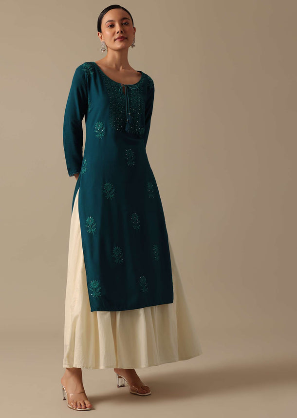 Teal Long Kurta With Lucknowi Work