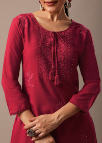 Red Cotton Kurta With Lucknowi And Sequin Work
