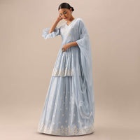 Blue Lehenga with Peplum Top And Frill Dupatta