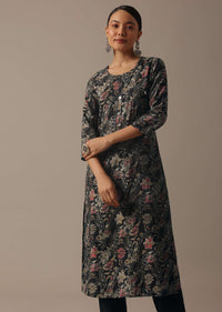 Black Chanderi Kurta Set With Floral Prints