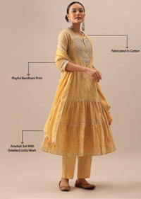 Yellow Bandhani Print Anakrali Set with Gota Trims