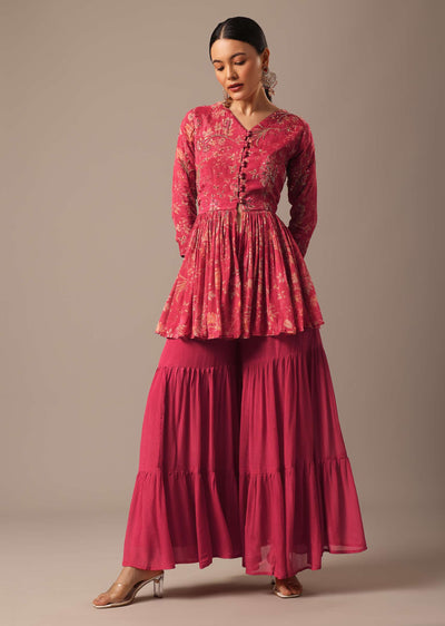 Red Floral Print Peplum Top And Sharara Set