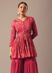 Red Floral Print Peplum Top And Sharara Set