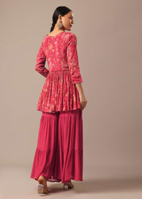Red Floral Print Peplum Top And Sharara Set