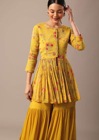 Yellow Indo Fusion Peplum And Sharara Set With Floral Prints