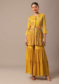 Yellow Indo Fusion Peplum And Sharara Set With Floral Prints