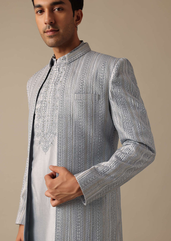 Grey Silk Sherwani And Kurta Set