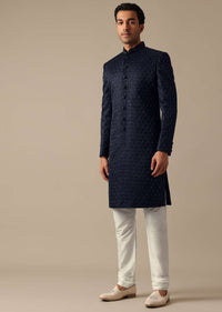 Navy Blue Jacquard Sherwani Set With Cutdana Embroidery