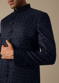 Navy Blue Jacquard Sherwani Set With Cutdana Embroidery