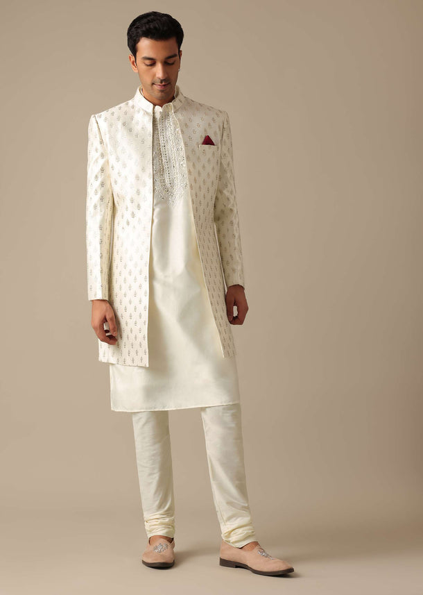 White Silk Embroidered Sherwani Set