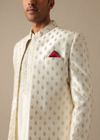 White Silk Embroidered Sherwani Set