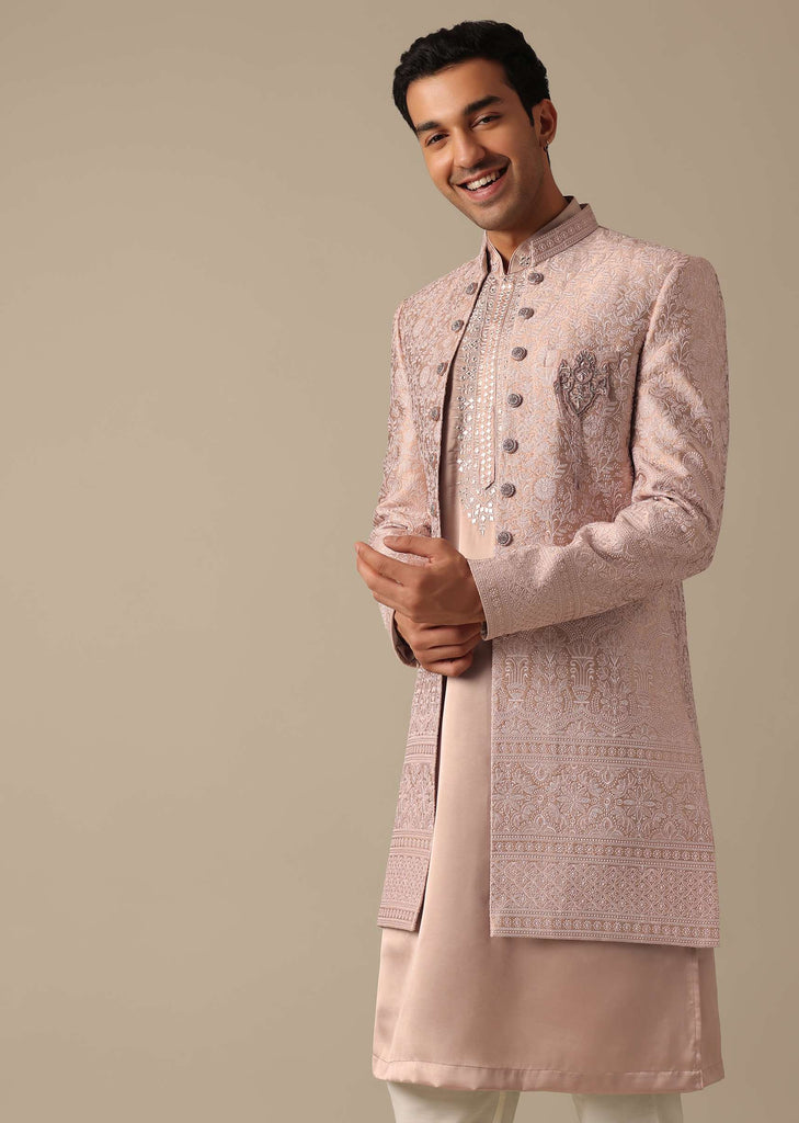 Pink Satin Silk Sherwani And Kurta Set