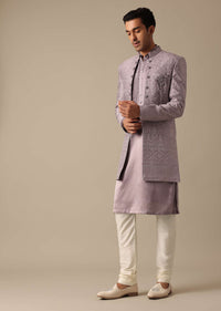 Purple Indo Fusion Sherwani Set In Satin Silk