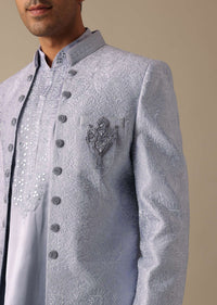 Grey Embroidered Sherwani And Kurta Set In Satin Silk