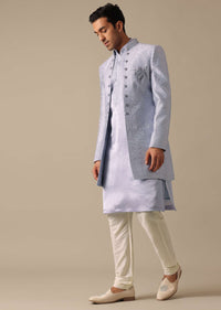 Grey Embroidered Sherwani And Kurta Set In Satin Silk