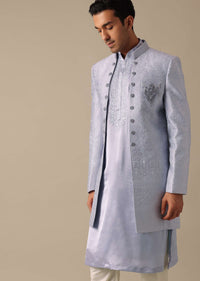 Grey Embroidered Sherwani And Kurta Set In Satin Silk