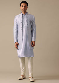 Grey Embroidered Sherwani And Kurta Set In Satin Silk