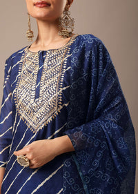 Blue Leheriya Print Chanderi Kurta Set With Gota Trims