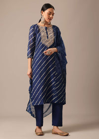 Blue Leheriya Print Chanderi Kurta Set With Gota Trims