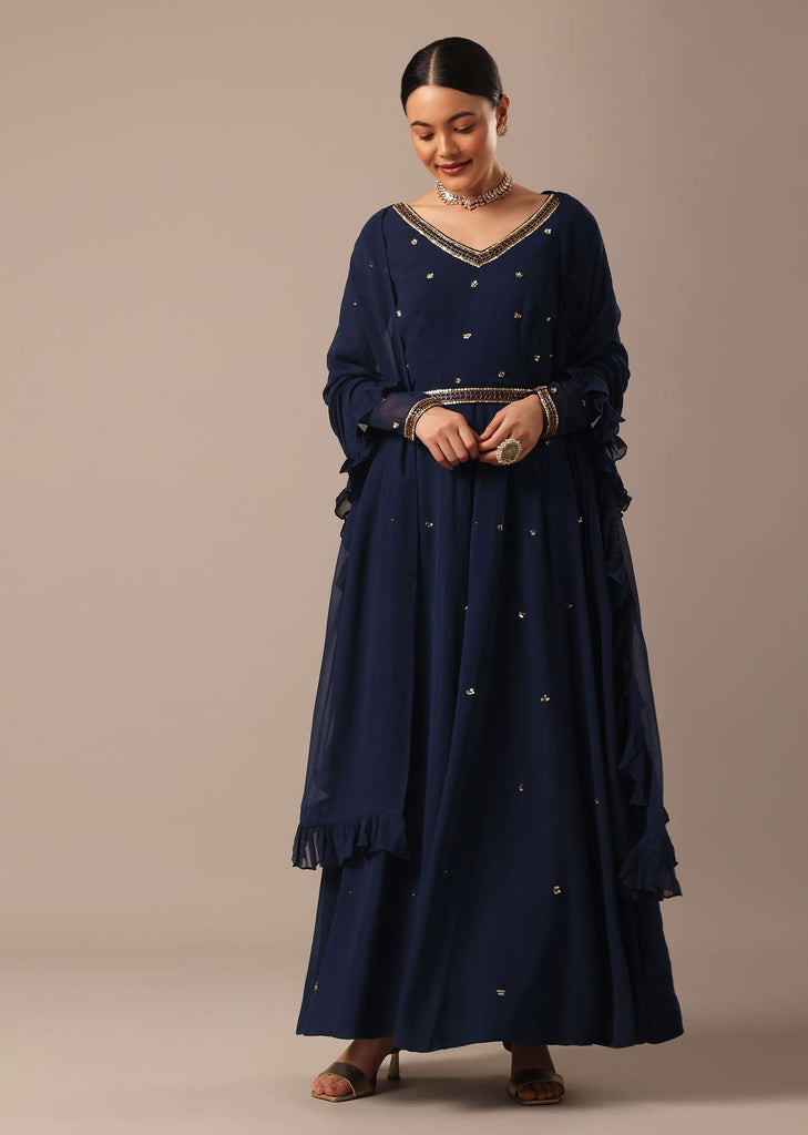 Blue Cutdana Embellished Anarkali Set With Belt And Fancy Dupatta