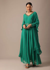 Green Sequin Work Anarkali Set With Embroidered Belt And Dupatta