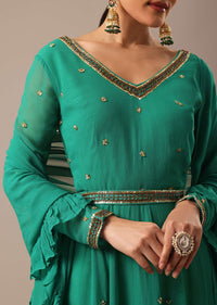 Green Sequin Work Anarkali Set With Embroidered Belt And Dupatta