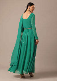 Green Sequin Work Anarkali Set With Embroidered Belt And Dupatta