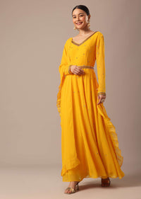 Yellow Hand Embroidered Anarkali Set With Belt And Frill Dupatta