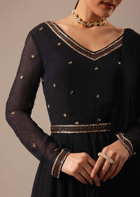 Black Anarkali Set With Embellished Belt And Dupatta