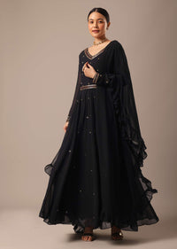 Black Anarkali Set With Embellished Belt And Dupatta