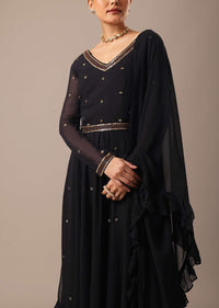 Black Anarkali Set With Embellished Belt And Dupatta