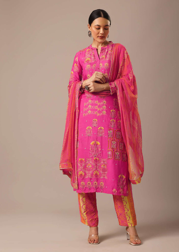 Pink Art Silk Kurta Set With Zari Work