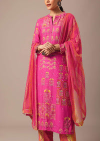 Pink Art Silk Kurta Set With Zari Work