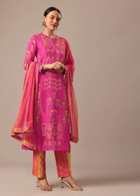 Pink Art Silk Kurta Set With Zari Work