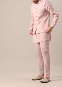 Pink Linen Jacket And Kurta Set