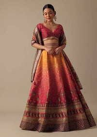 Orange Printed Lehenga Set In Silk