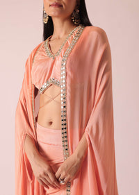 Peach Jacket And Dhoti Set With Mirror Work