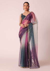 Multicolor Ombre Shaded Organza Saree With Unstitched Blouse Piece