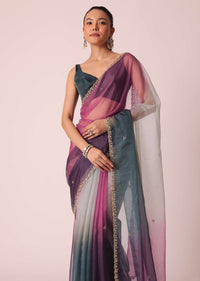 Multicolor Ombre Shaded Organza Saree With Unstitched Blouse Piece