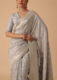 Grey Handloom Banarasi Saree With Woven Work And Unstitched Blouse Piece