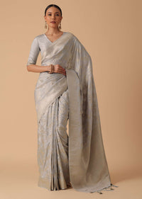 Grey Handloom Banarasi Saree With Woven Work And Unstitched Blouse Piece