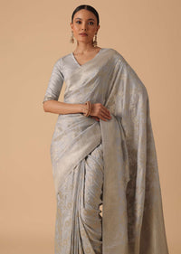 Grey Handloom Banarasi Saree With Woven Work And Unstitched Blouse Piece