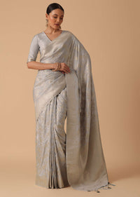 Grey Handloom Banarasi Saree With Woven Work And Unstitched Blouse Piece