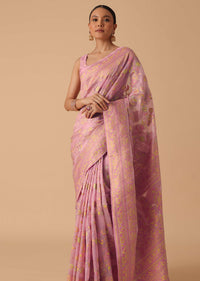 Pink Kashmiri Saree in Silk With Unstitched Blouse Piece