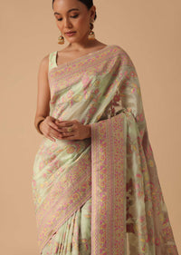 Green Kashmiri Handloom Saree With Thread Work And Unstitched Blouse Piece