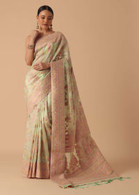 Green Kashmiri Handloom Saree With Thread Work And Unstitched Blouse Piece