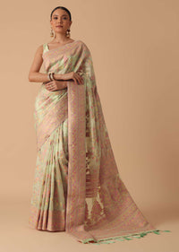 Green Kashmiri Handloom Saree With Thread Work And Unstitched Blouse Piece